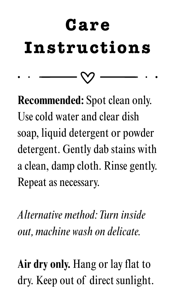 Care instructions text on a white background with black lettering, including recommended spot cleaning methods and drying instructions.